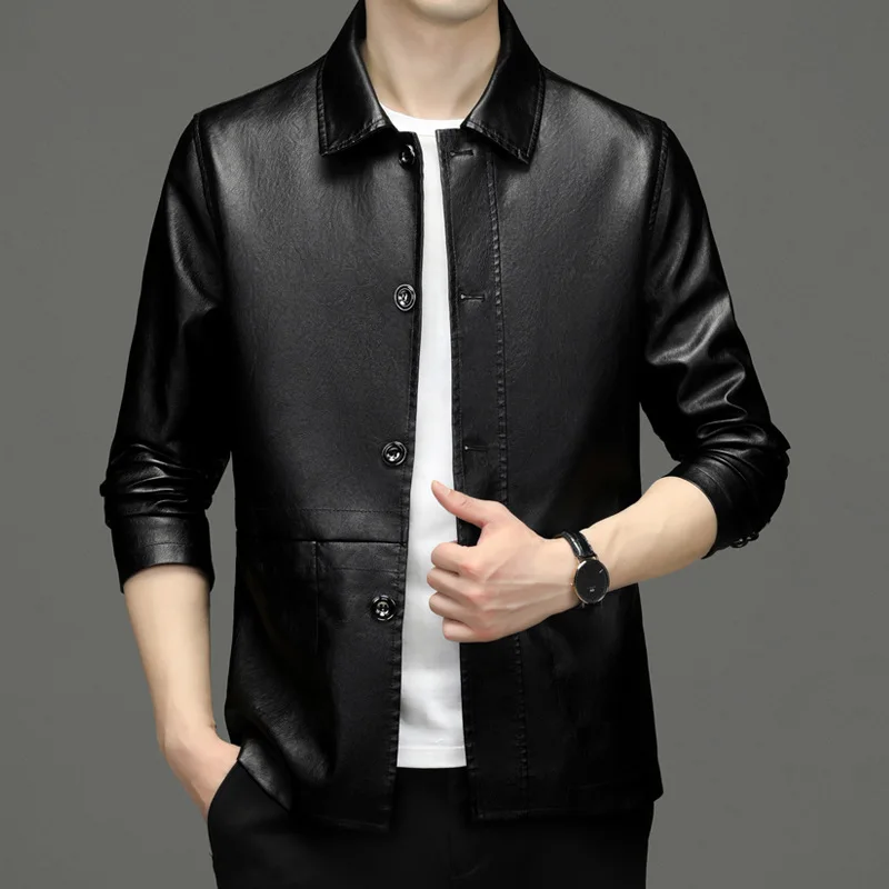 

Male Business Casual Coats Man Button Up Leather Jacket Men Soft PU Leather Jacket Men Oversize Motorcycle Faux Leather Jacket