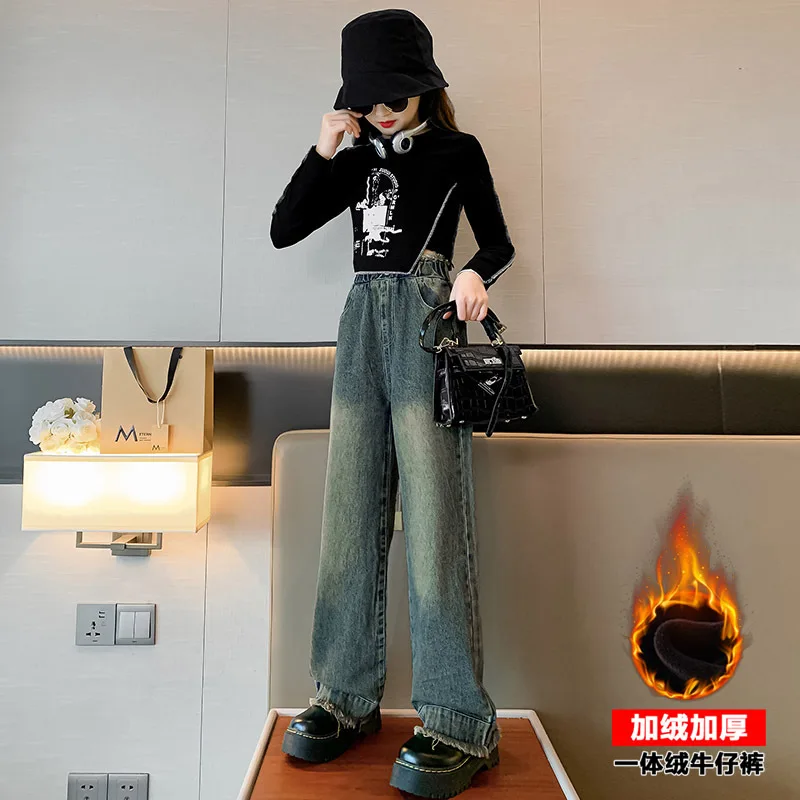 Girls Winter Jeans Fleece Thick Warm Loose Wide Leg Pants for Children Casual All-match Fashion Teenage School Kids Trousers