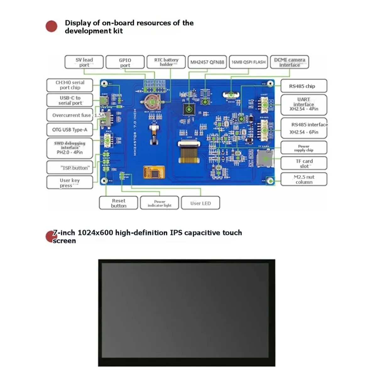 MH2457 Development Board, 7-Inch 1024x600 Screen Panel Integrated Development Kit, LVGL Capacitive Screen