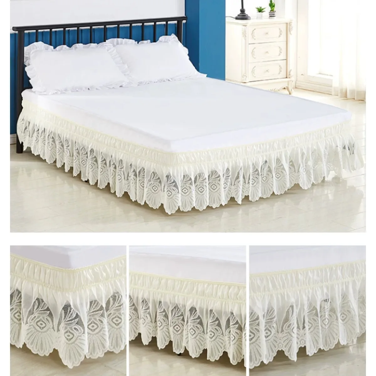 American Style Elastic Lace Bed Skirt Solid Color Bed Ruffle Wrap Around Dust Cover Easy To Wash TWIN FULL QUEEN KING Size