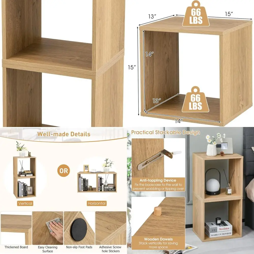

15'' Dual-Tier Wooden Cube Bookshelf with Stability Feature, Ideal for Living, Bedroom, Kids' Rooms & Record Players