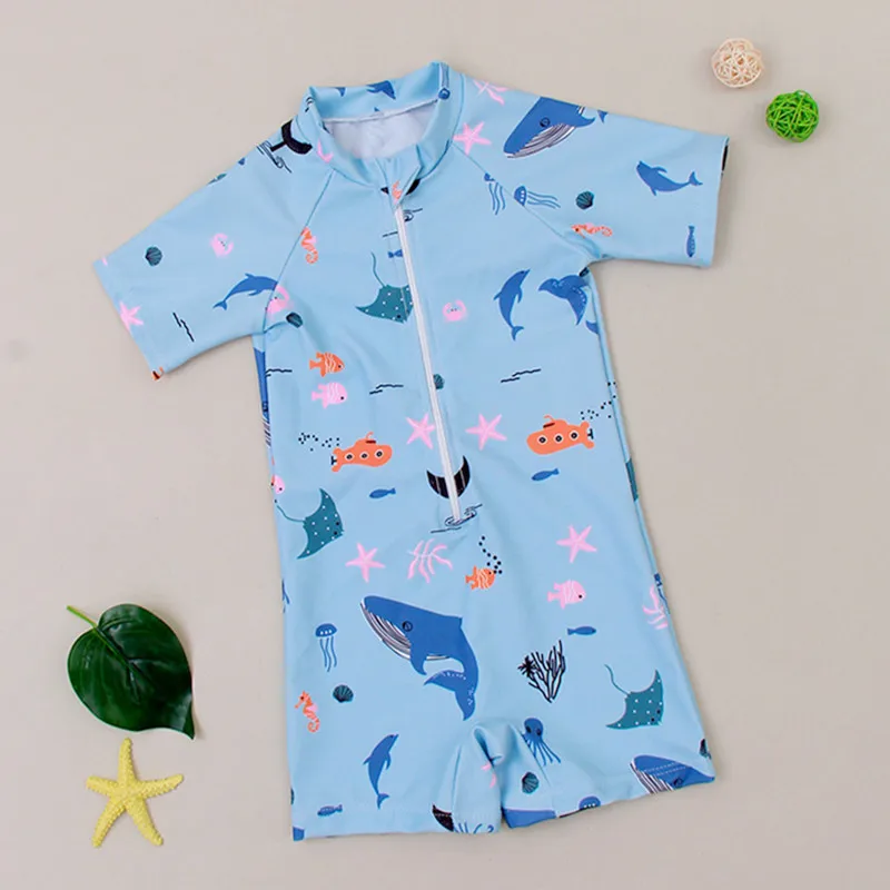 Summer 0-4Y Boys One Piece Swimsuit Kids Short Sleeve Zipper Shark Printed Swimsuit Baby Children's High Elasticity Bathing Suit