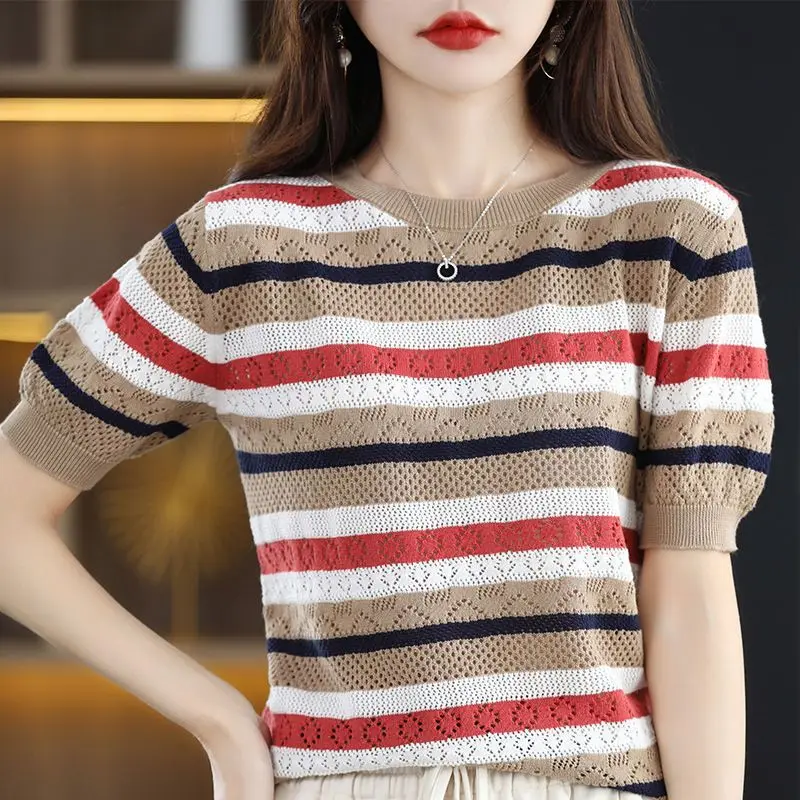 2024 Summer New Thin Fashion Crew Neck Striped Short Sleeve Commuter Loose Hollow Out Loose Sweater Knitted T-shirt Women\'s Tops