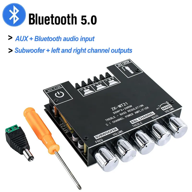 

ZK-TB21 Усилитель мощности Bluetooth 5.0 CS8673E 2,1 Плата усилителя сабвуфера 50 Вт * 2 + 100 Вт 2,1-канальный аудио стерео басовый усилитель