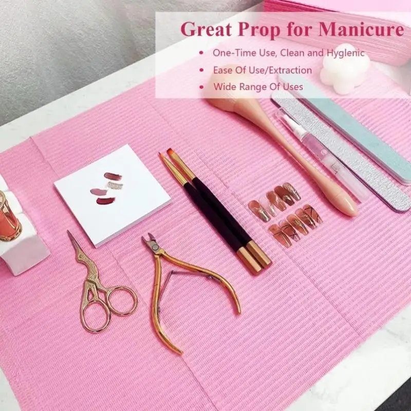 Disposable Manicure Table Mat Waterproof Pink 3 Ply Foldable Nail Art Supply for Beginner Nail Tech Salon Use