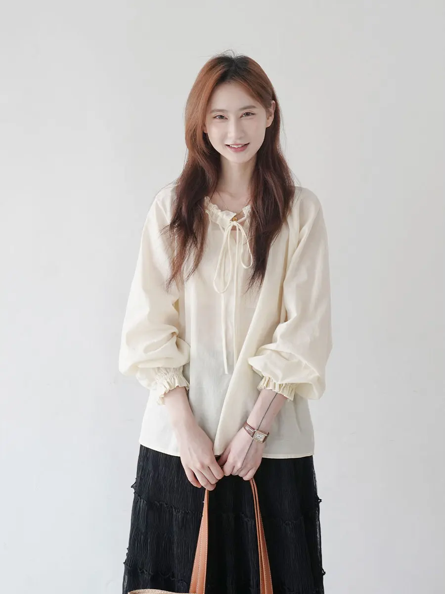 

Korean Sle Loose Long Sve irt Women's Spring Season Simple Design Lantern Sve Belted Soft Color Blouse