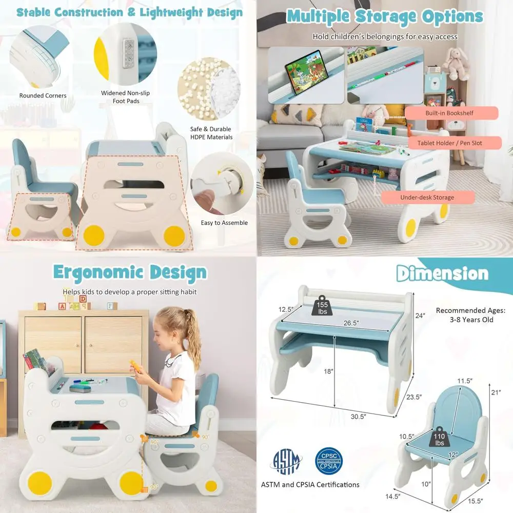 Tavolo e sedia in plastica per bambini con lavagna, portaoggetti e accessori artistici in blu