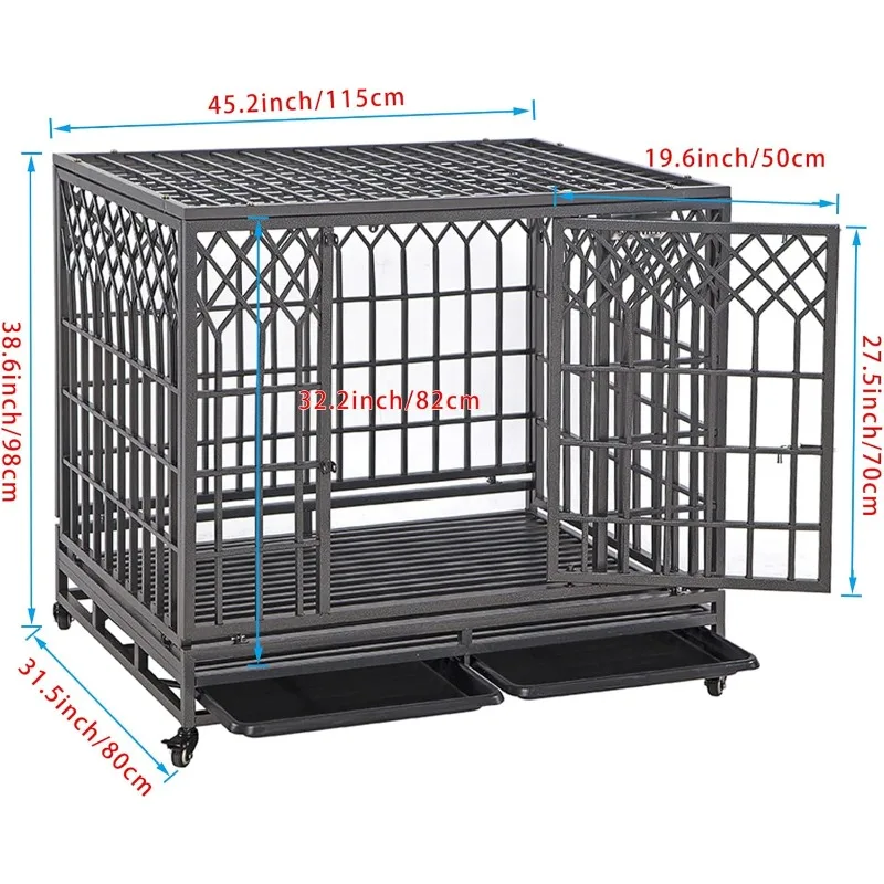 Heavy Duty Dog Crate Strong Metal Pet Kennel Playpen with Two Prevent Escape Lock, Large Dogs Cage with Wheels