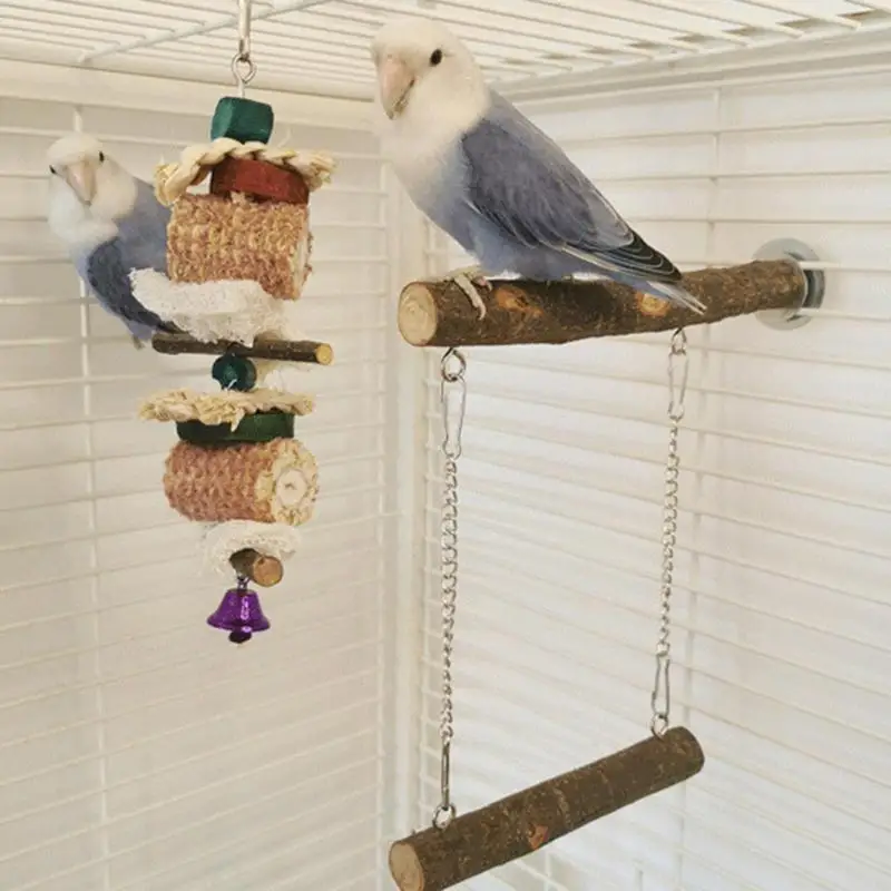 Natural Wood Bird Perch Play Stand Parrots Parakeet Swing Toys Bird Cage Accessories for Baby Lovebird Cockatiel Conure Finch