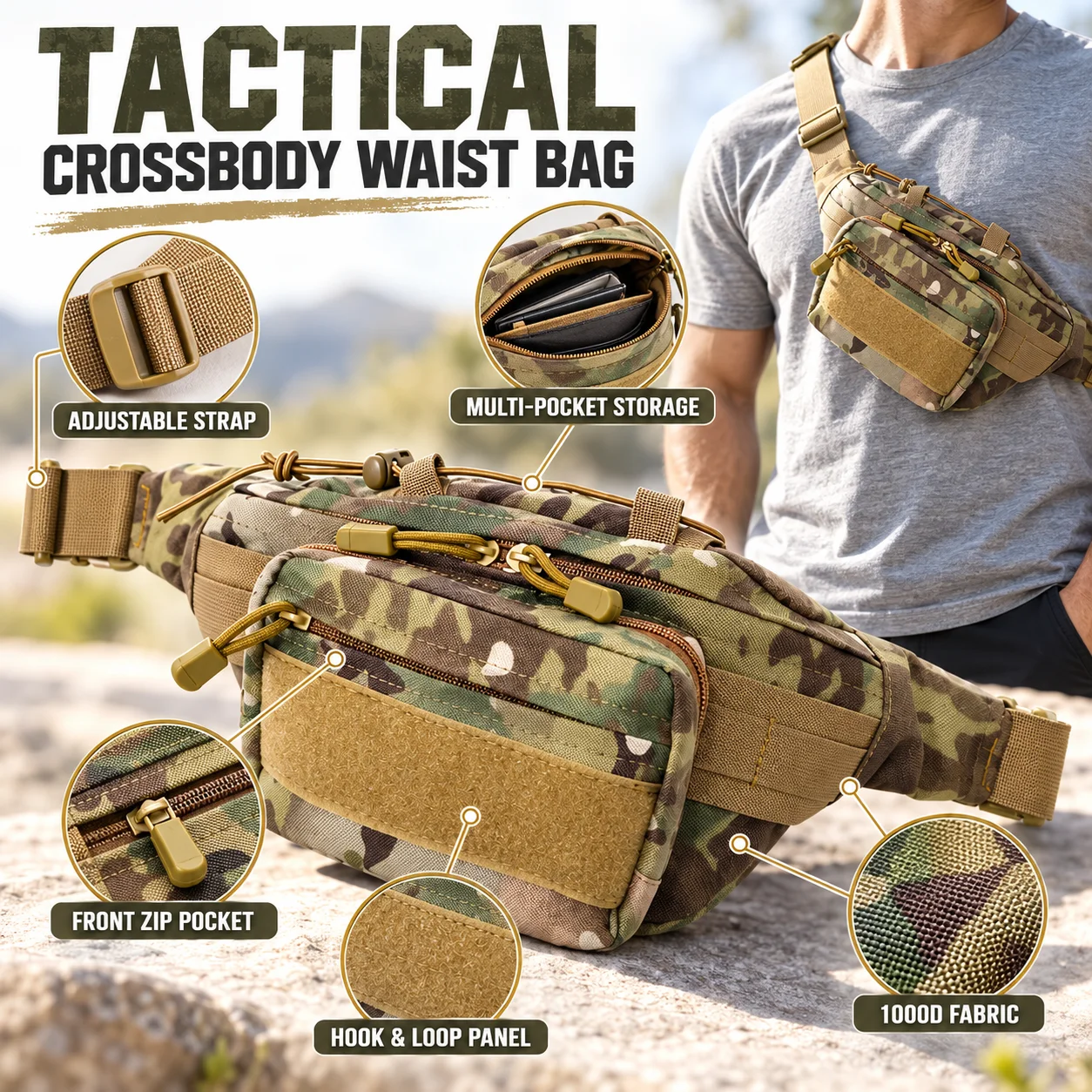 Outdoor Tactical Compact Waist Pack for Men, 1000D MOLLE Crossbody Chest Bag for Hiking, Camping, Cycling, Fishing and EDC Gear