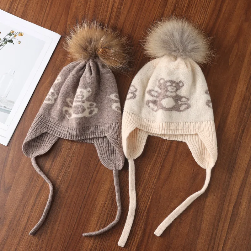 قبعة كشمير للرجال والنساء، قبعة سميكة من الصوف المحبوك للخريف والشتاء مع بوم بوم، حماية الأذن، وأسلوب عائلي