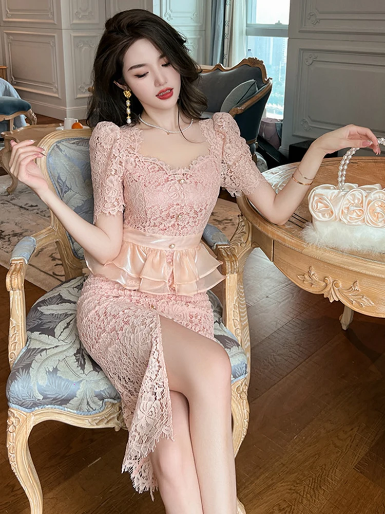 Summer Dress Women 2023 Sweet Fairycore Sexy Midi Dresses Pink Sheer Lace Hook Flower Ruffles Split Robe Lady Prom Party Vestido