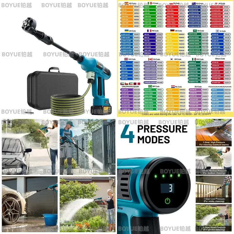 250Bar Brushless High Pressure Washer Gun 4 Gear Power Water Spray for 18V Battery Cordless Electric Cleaning Tool