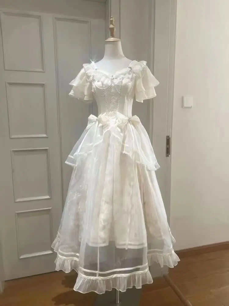 

Новое милое платье миди во французском стиле с кружевом, бантом и приталенным силуэтом, женское, в корейском стиле Y2K