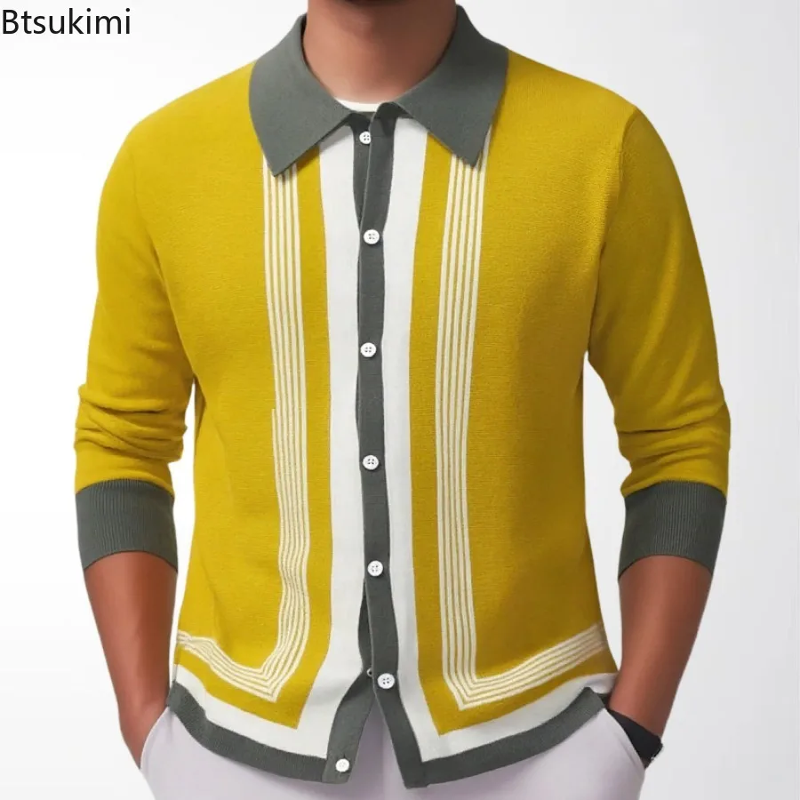 

2026 Men's Spring Autumn Clothing Knitted Long Sleeve Lapel Polo Shirt Streetwear Button Down Cardigan Breathable Tops Shirts