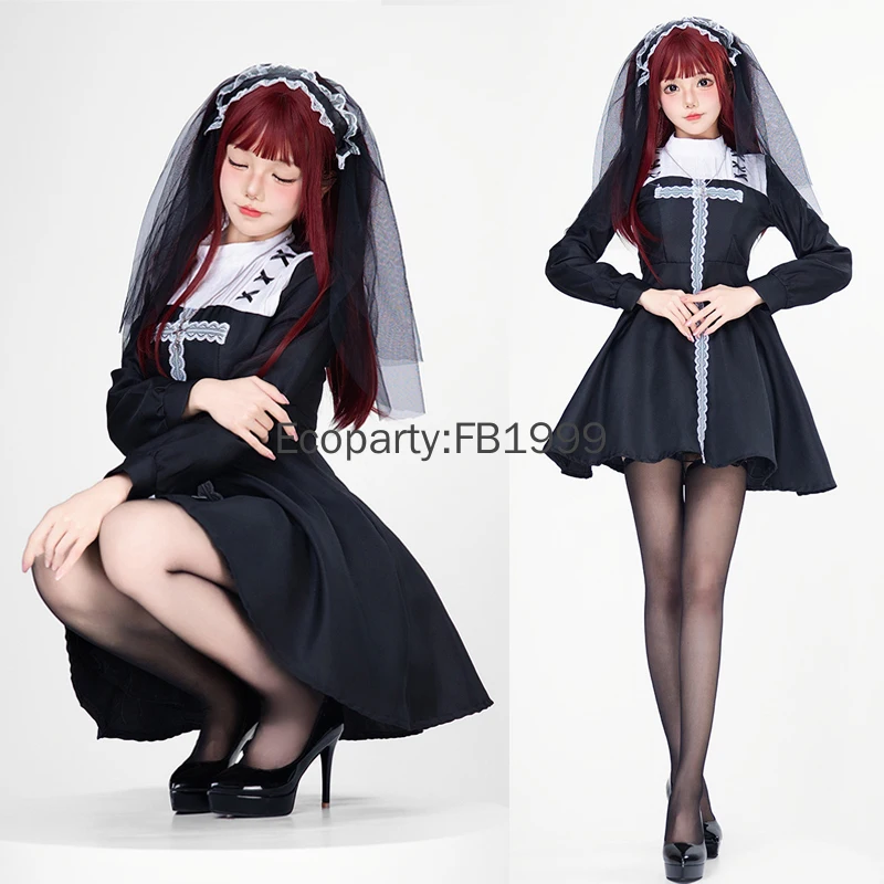 New Women Halloween Nun Cosplay Costume Black Anime Sexy Cross Gothic Lolita Dress Veil Set Carnival Party Ghost Bride Dress Up