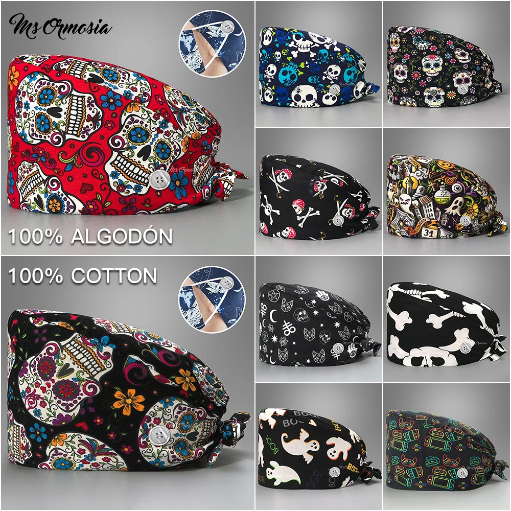 

Unisex Cartoons Floral Printing Breathable Surgical Cap Beautician Scrub Cap Doctor Hat Adjustable Cotton Nurse Accessories