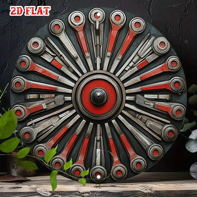 1pc 2D Flat Aluminum Wall Art Decor - Vintage Industrial Circular Wrench & Synthetic Gemstone Design, 7.8x7.8 Inch Round Metal