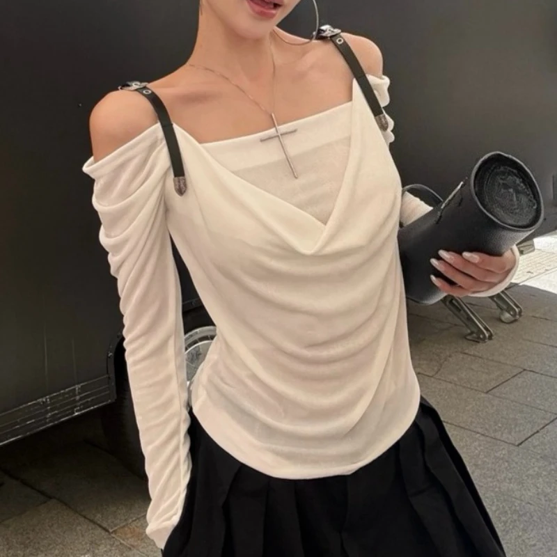 

Осенние сексуальные женские футболки без бретелек с разрезом на шее, повседневные рубашки с открытыми плечами и длинными рукавами, тонкий топ, женский, новинка 2023 года, весна