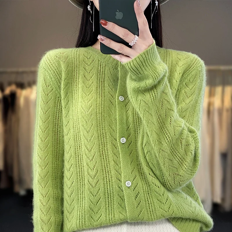 100% Pure Wool Cashmere Cardigan For Women\'s O-Neck Wishbone Garment Top Casual Knit Loose Fitting Korean Version Female Jacket