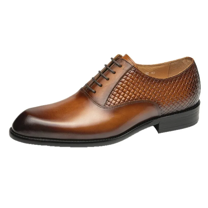 Men Glossy Leather Oxford Shoes Woven Splice Design Lace‑up Formal Business Wedding Dress Shoes Male