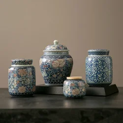 Vintage Painted Blue and White Porcelain Tea Cans for Household Tea Coffee Beans Sealed Storage Jars Decorative Gift Ornaments