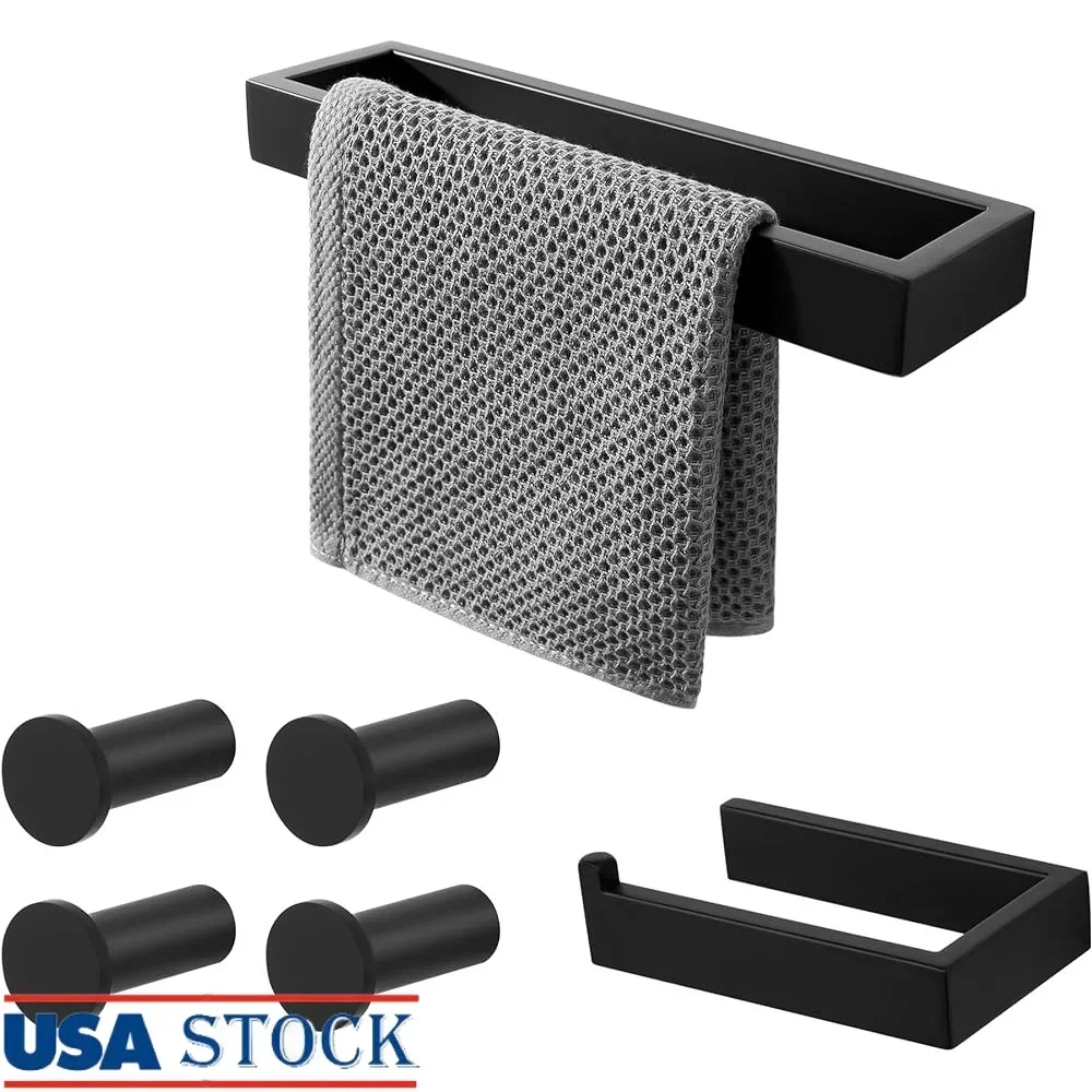 

6 Piece Bathroom Hardware Set Black Towel Bar Toilet Paper Holder Wall Mount Coat Hooks Stainless Steel Bathroom Accessories