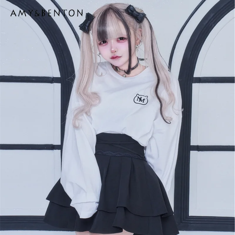 Japanese Mine Series Mass-produced Cartoon Embroidered Cotton Long-sleeved T-shirt Solid Color Versatile Subculture Gothic Top