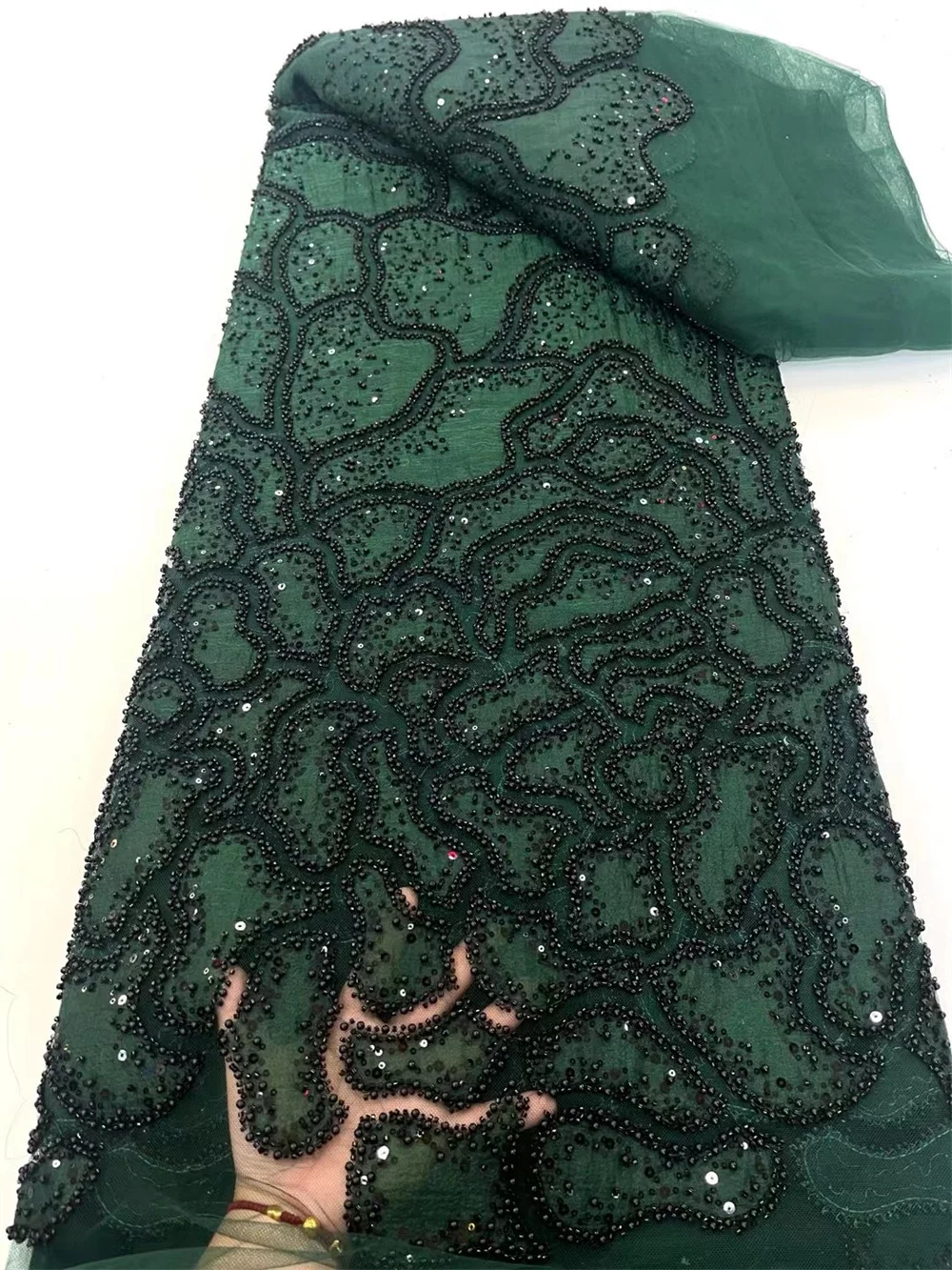 

African Fabric Lace High Quality 5 Yards 2025 In Green Sequin Lace Fabric Dubai Fabric Beaded Fabric Luxury Evening Dress W740-1