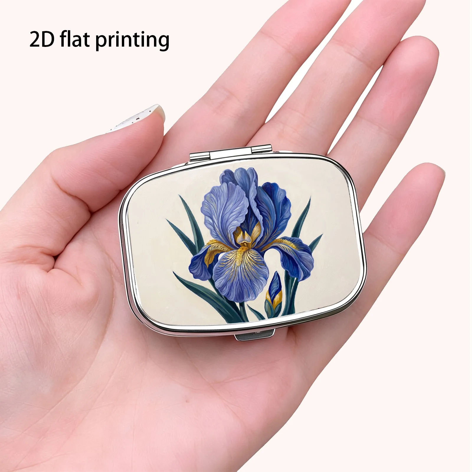 Fresh Watercolor Blue Iris Single Flower Realistic Oil Painting Pattern, Small Square Two-Compartment Pill Organizer, Portable Medicine Storage, Can Also Be Used as a Household Portable Organizer, Decorative Box, Perfect for Handbags, Wallets, and Travel, Metal Storage Box, Small Jewelry Organizer, Ideal for Holiday Gifts, Souvenirs, Prizes, and Small Gifts