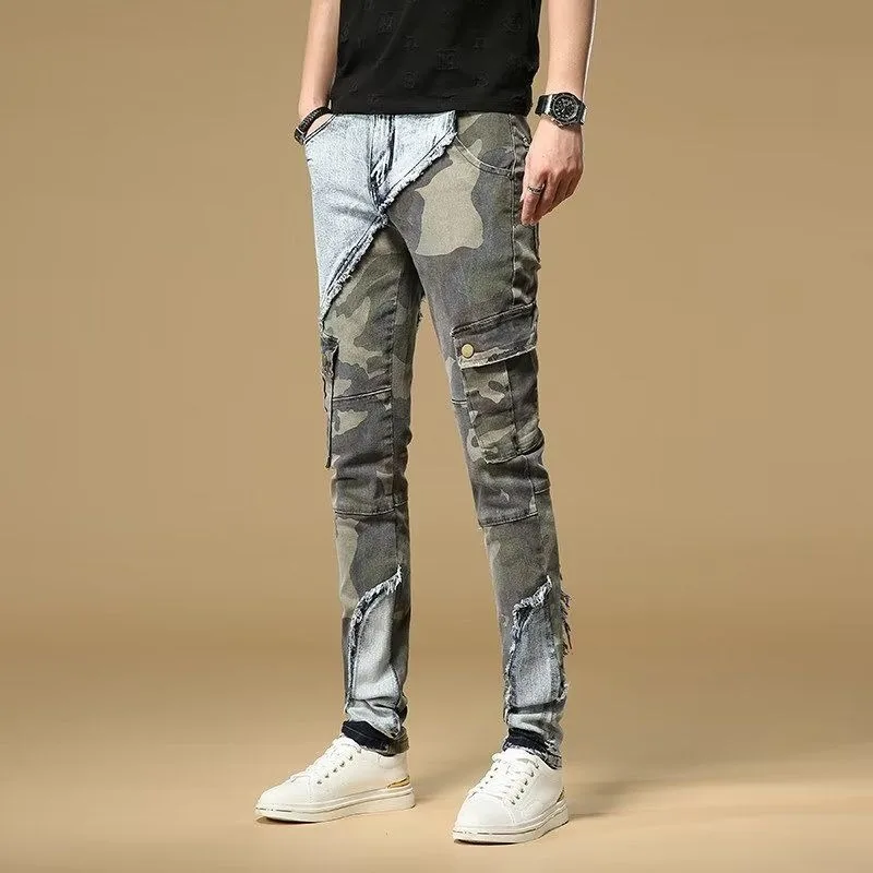 High Quality Men’s Slim-fit Multi-pocket Jeans,Light Luxury Camouflage Decors Sexy Jeans,Stylish Street Fashion Jeans;