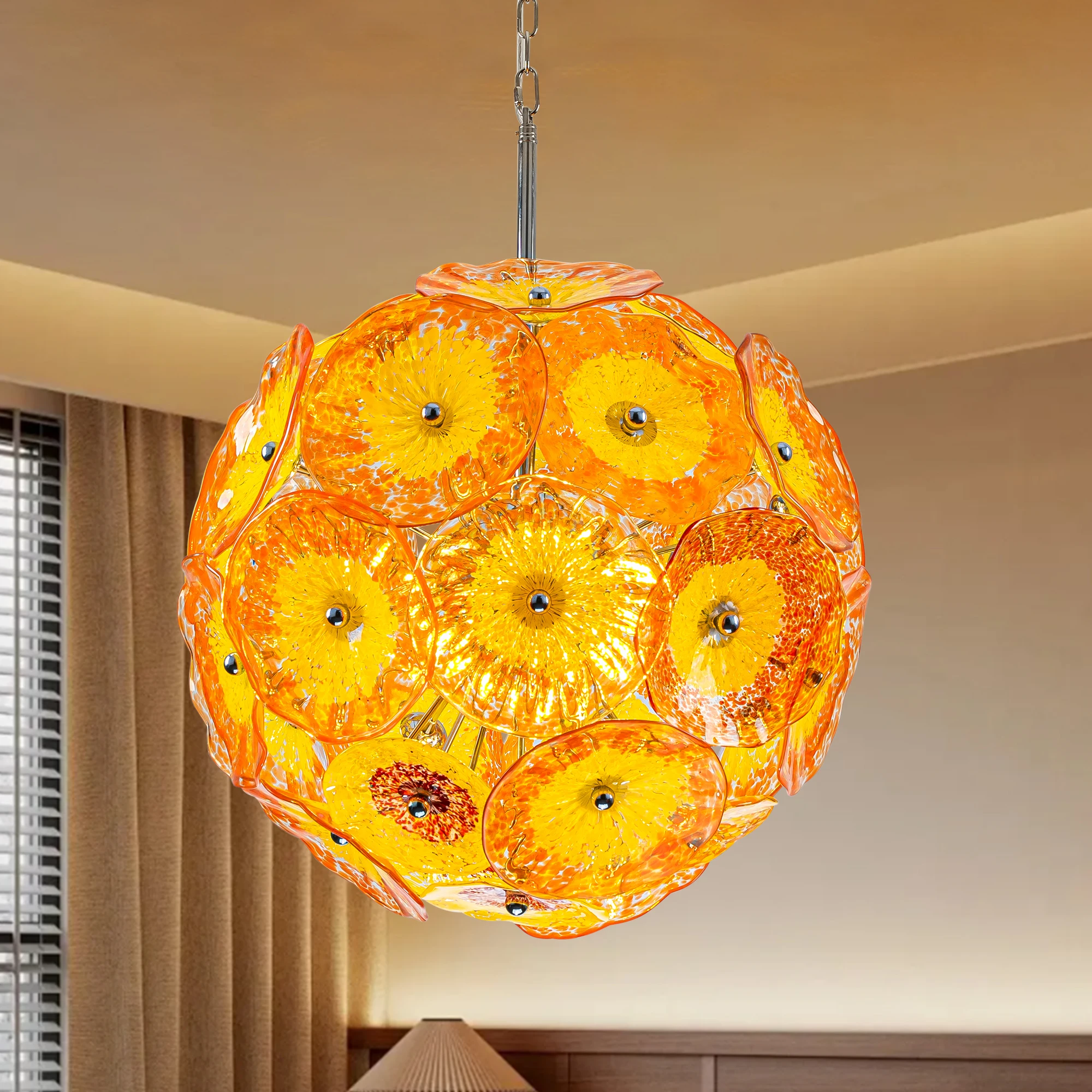 LONGREE Orange Yellow Flower Chandeliers Chihuly Style Art Handmade Murano Glass Globe Chandelier Light Fixtures