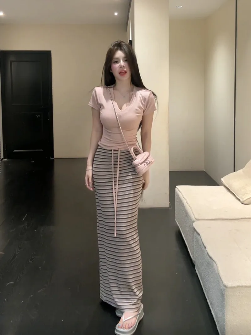 

Pink V-Neck Short Sleeve T-Shirt Women's Summer Pure Desire Set Drawstring Stripe Wrap Hip Skirt Two-Piece Set Fashionable Co...