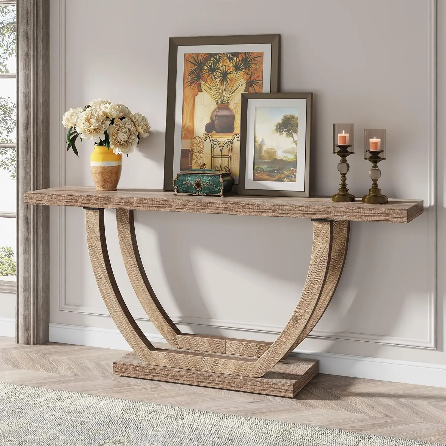 Tribesigns 63-Inch Wood Console Table with Geometric Base, 2-Tier Farmhouse Sofa Table Narrow Long, Thickened Behind Couch Table