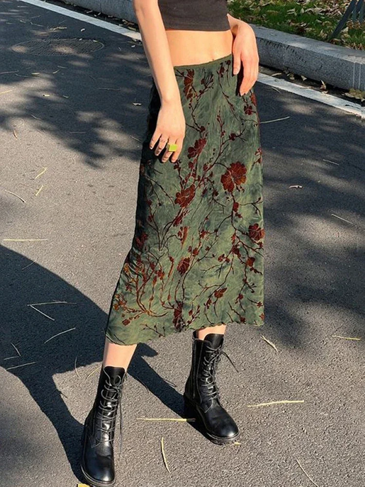 

Floral Midi Skirts for Women, Low Waisted, Grunge Fairycore Vintage, Long Pleated Skirts, Holiday Chic Bottom, Korean 90s Aesthe