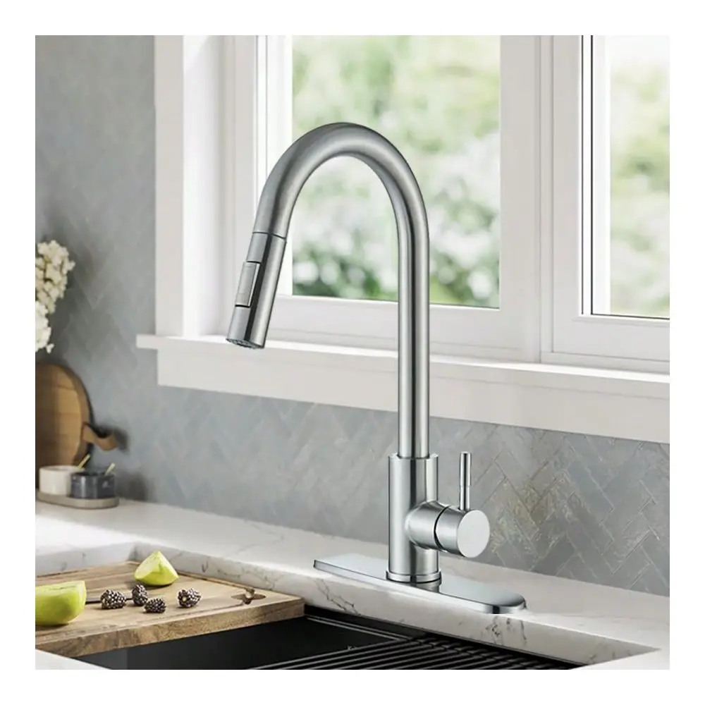 

Swivel Kitchen Sink Faucet Pull Out Sprayer High Arc Single Level Handle Mixer Tap With Cover
