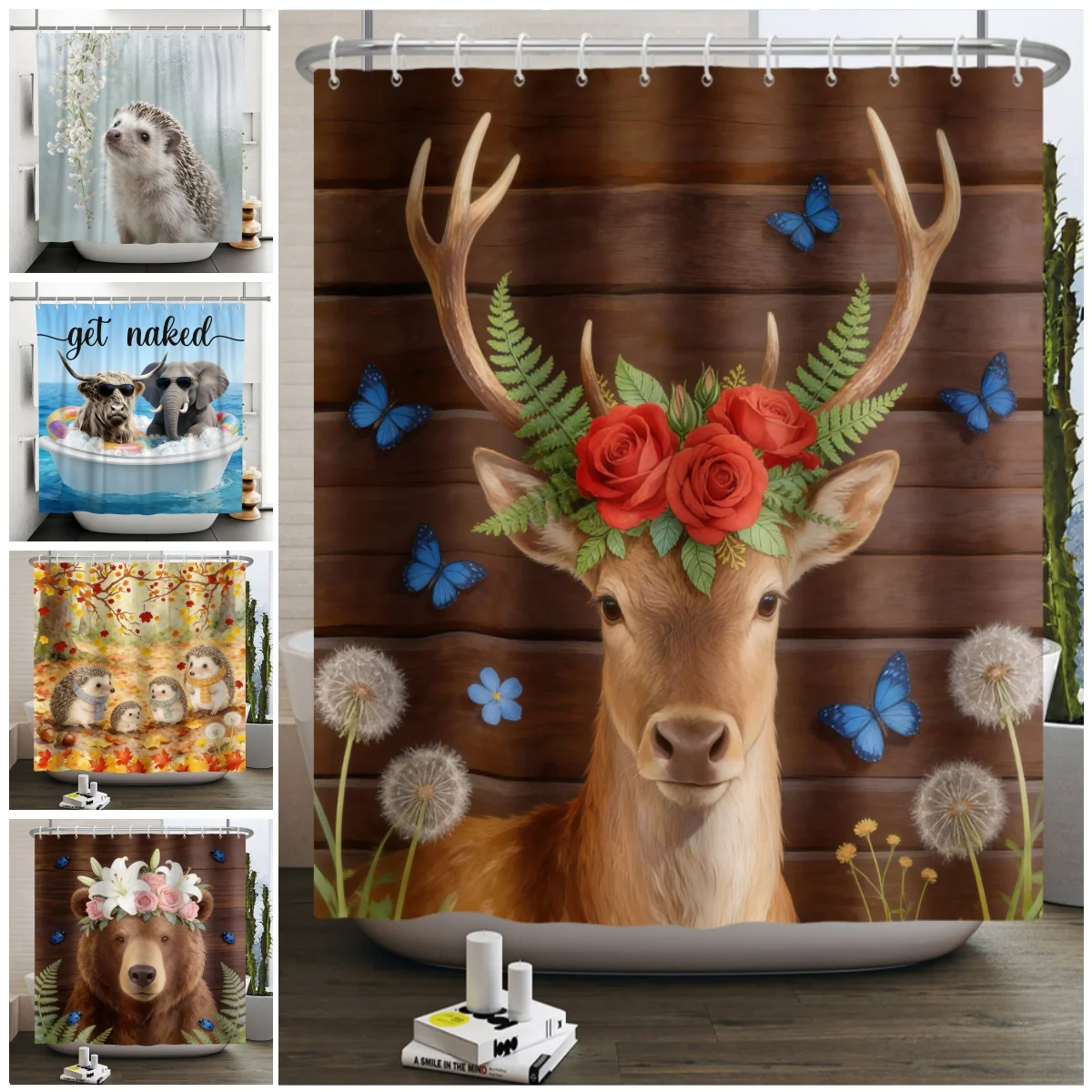 

Занавеска для душа с изображением животных джунглей: олень, слон, енот. Водонепроницаемая полиэстеровая занавеска для ванной с крючками.
