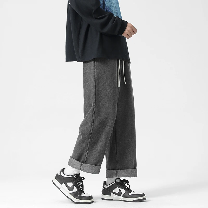 New Streetwear Baggy Jeans Men Korean Fashion Loose Straight Wide Leg Pants Men's Denim Trousers Light Blue Black 5XL