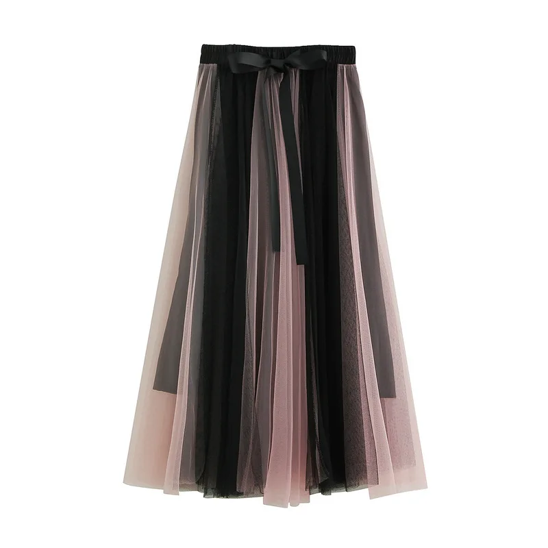 

2024 New Casual Mid Length Patchwork Skirts Sweet Women's Elegant A-Line Mesh Skirt Fashion High Waist Spring Summer Streetwear