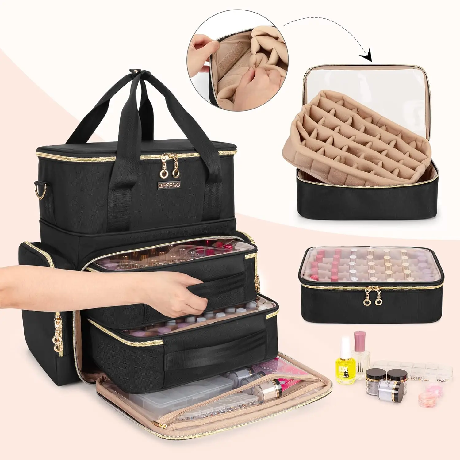 70本のボトルスロットとネイルドライヤーを備えた二層ネイルポリッシュオーガナイザー、取り外し可能なポーチとツール収納付き、ブラック