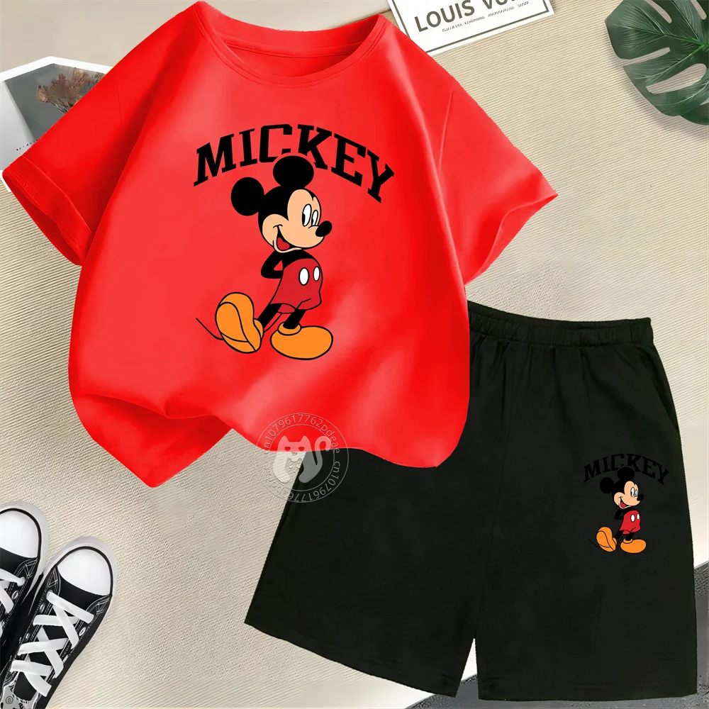 Disney Mickey Mouse Minnie Printed 100% Cotton T-shirt+Shorts Summer Short sleeved Boys and Girls Round Neck Children\'s Set