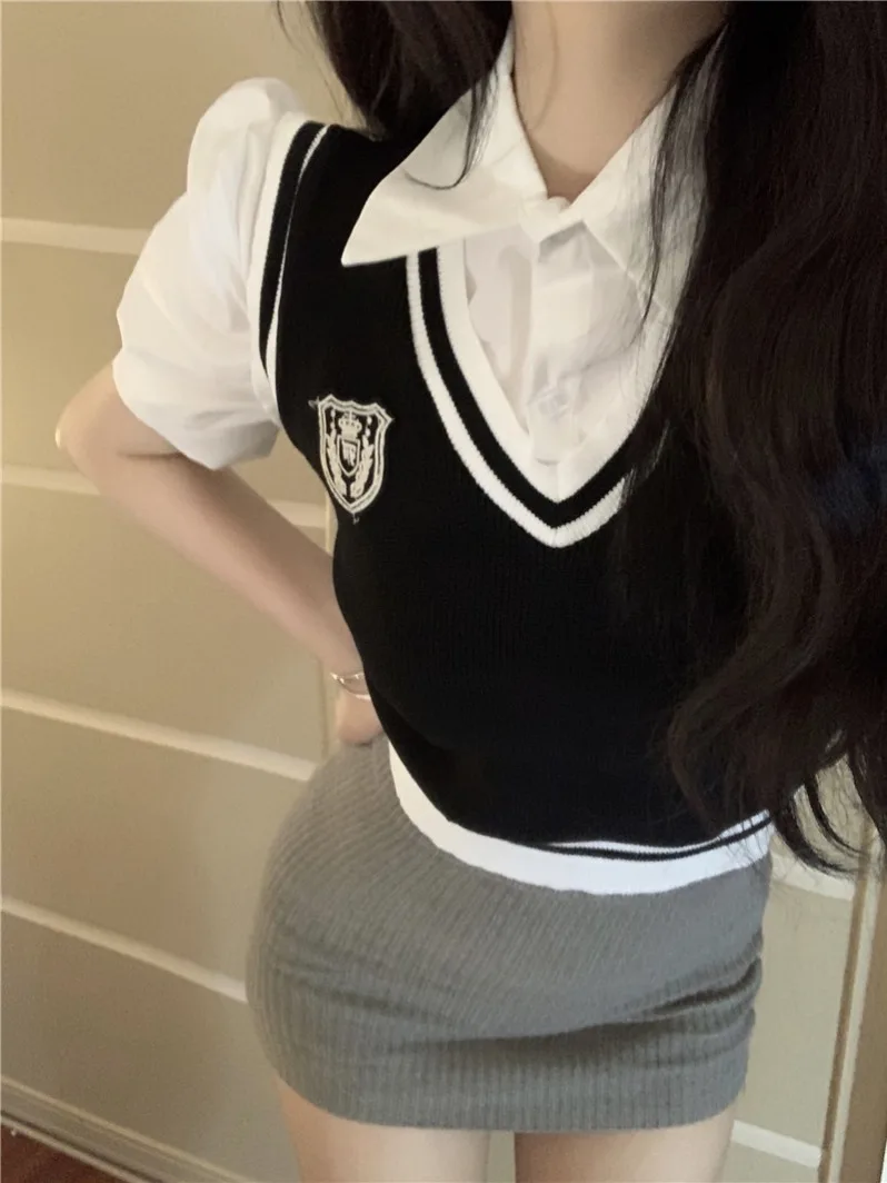 Chic Preppy Sle Gestrickte Ne ort irt Weste Gefälschte Zwei-Stück Frauen Faion Herbst Exklusive Kleine Top Koreanische Version...