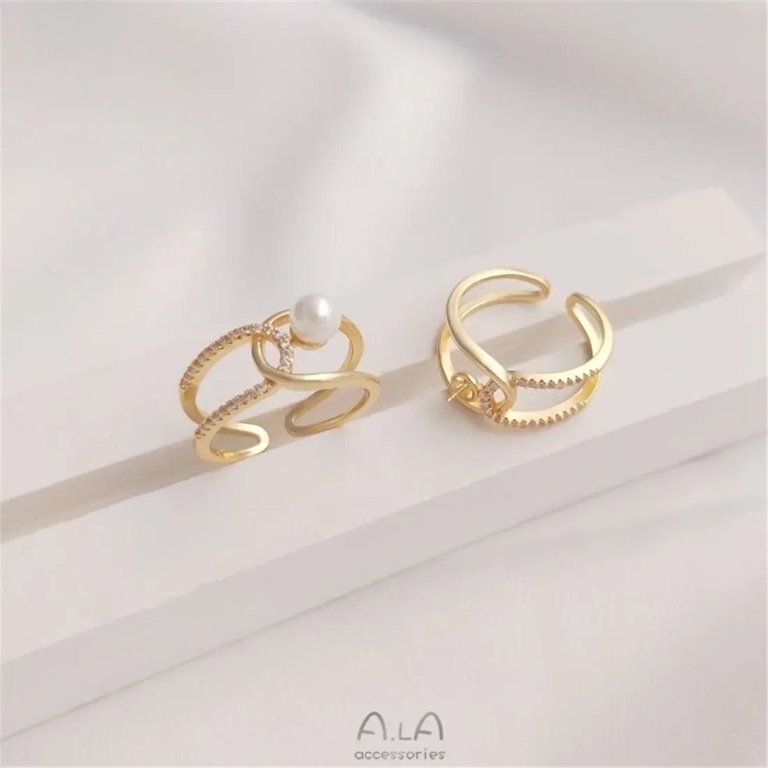 

14K Gold Pack Micro Set Zircon Half Hole Pearl Holder Knot Ring DIY Handmade Adhesive Bead Empty Holder Open Ring B699