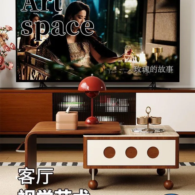 French retro solid wood coffee table living room household small apartment medium and ancient style high-end feeling hole
