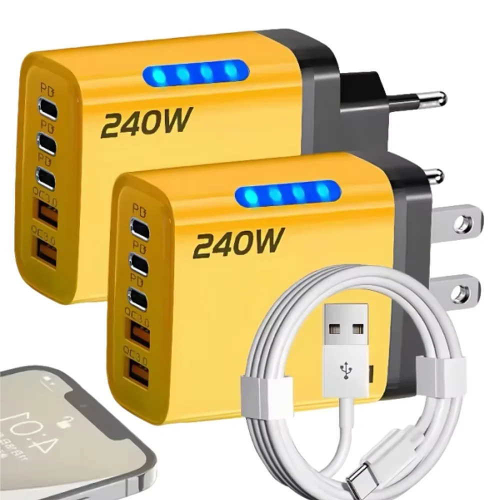 Carregador Rápido 240W 5 em 1 GaN com Múltiplas Portas e Luz LED, Adaptador de Parede 2USB+3Type-C para iPhone 16 15 Pro e Laptop