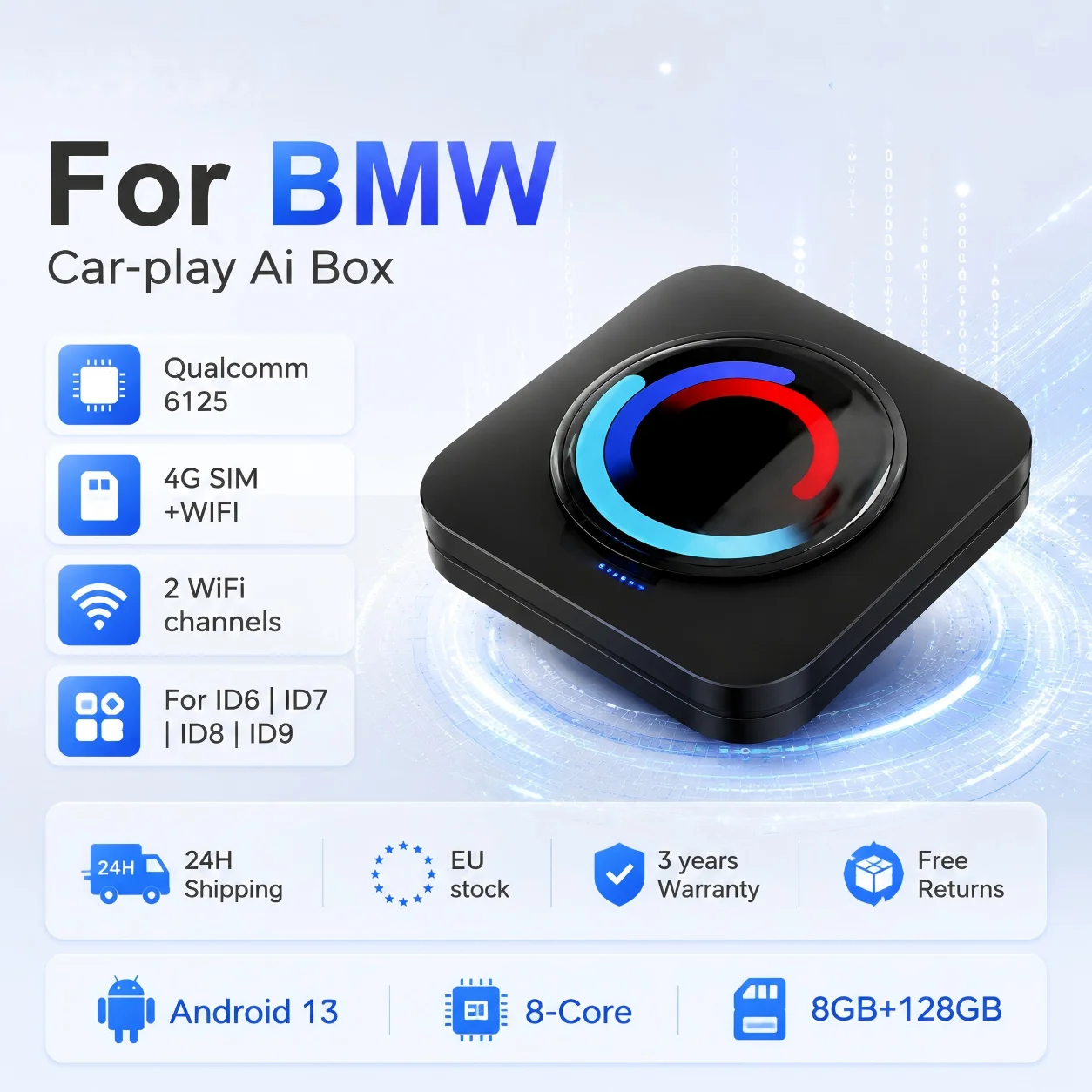 Boîtier CarPlay AI Android 13.0 QCM6125 8 cœurs, adaptateur CarPlay sans fil Android Auto 8 cœurs 8+128G, mise à jour en ligne pour BMW ID6 ID7 ID8 ID9, pour Netflix, YouTube, Play Store, boîtier vidéo