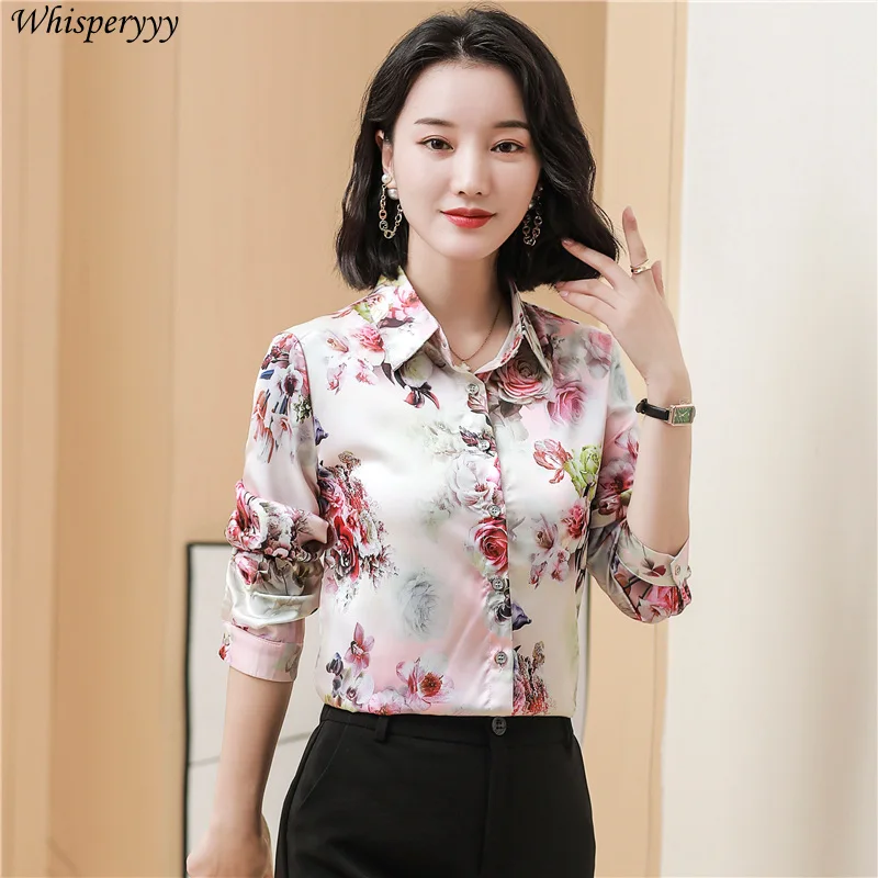 Атласная рубашка, топы с цветочным принтом, женская новая весенне-осенняя темпераментная рубашка, однобортная блузка с отложным воротником и длинными рукавами Femme