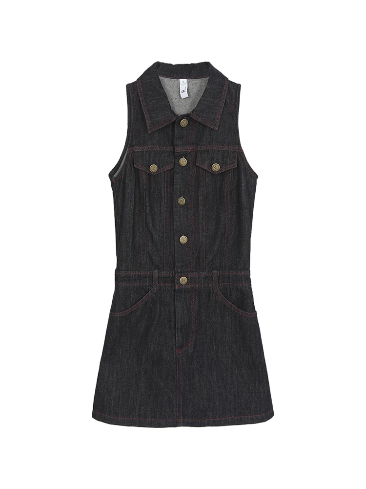 Vestido de Verão Novo em Jeans Azul para Mulheres, Cintura Alta, Estilo H, Mistura de Aodão e Poliéster, Sem Mangas, Gola P...