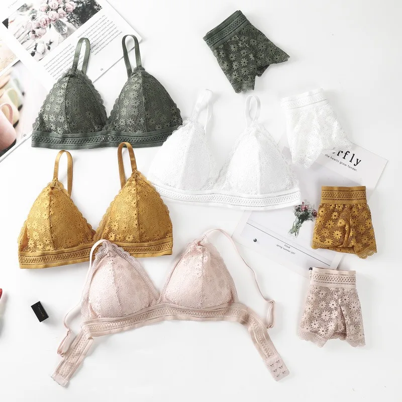طقم حمالة صدر نسائية من الدانتيل الخلفي بدون حواف فولاذية كوب فرنسي مثلث مريح يغطي الصدر ملابس داخلية