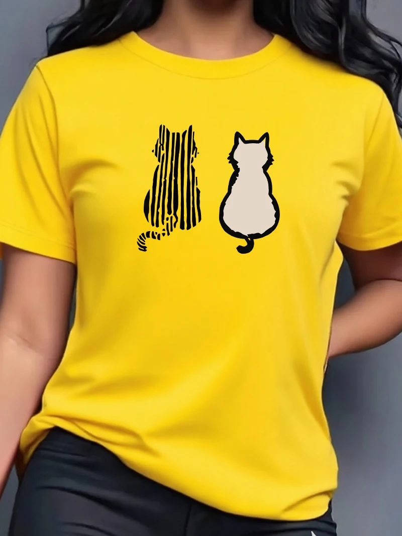 Vrouwen Zomer Twee schattige katten Print T-shirt Meisje Casual Korte Mouw Zomer Vrouwelijke Dierenkleding